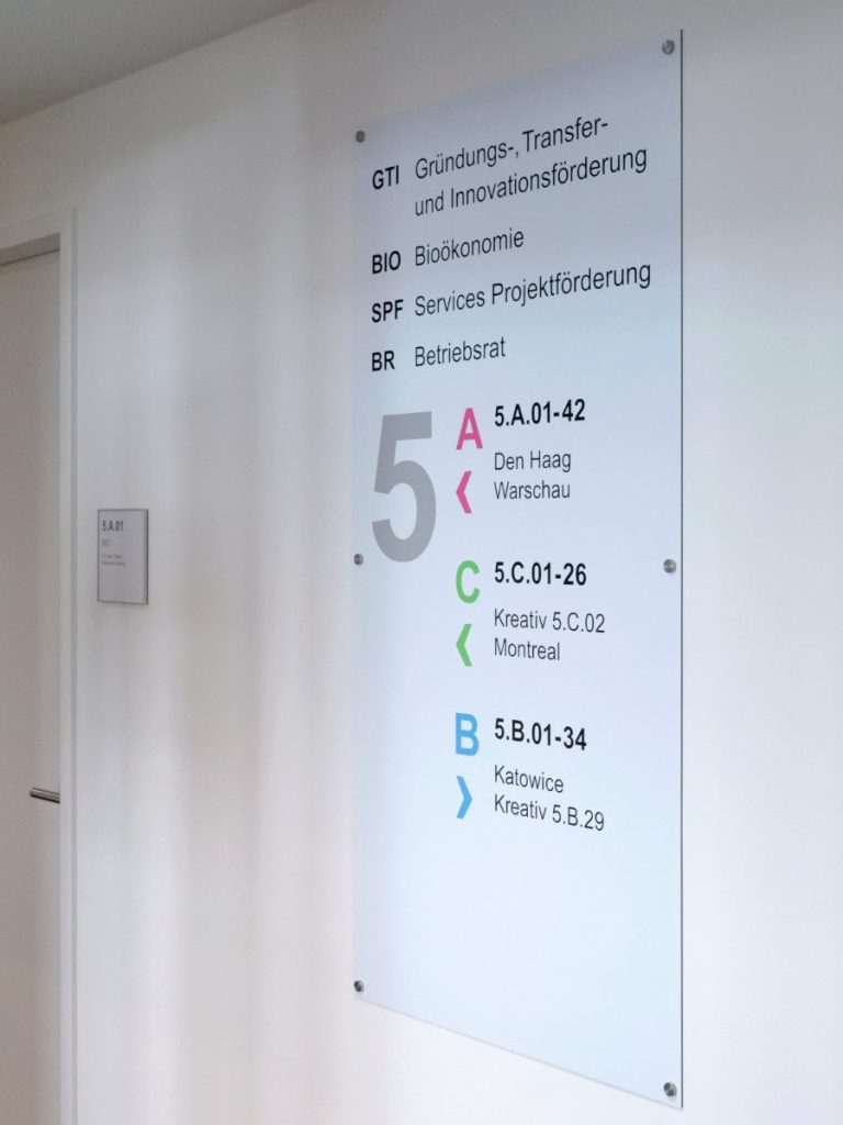 Gestaltung Flurrichtungsschilder Leitsystem Projektträger Jülich Informationsschild mit Raumnummern im Flur eines Bürohaus.