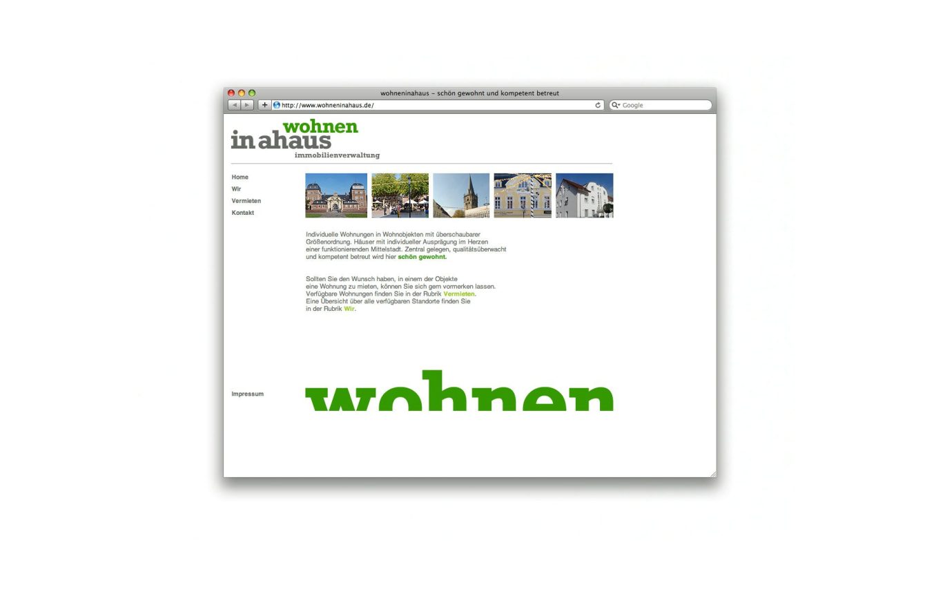 Webdesign für Immobilienverwaltung Wohnen in Ahaus Website mit dem Wort "wohnen" in grüner Schrift und Bildergalerie im Hintergrund.