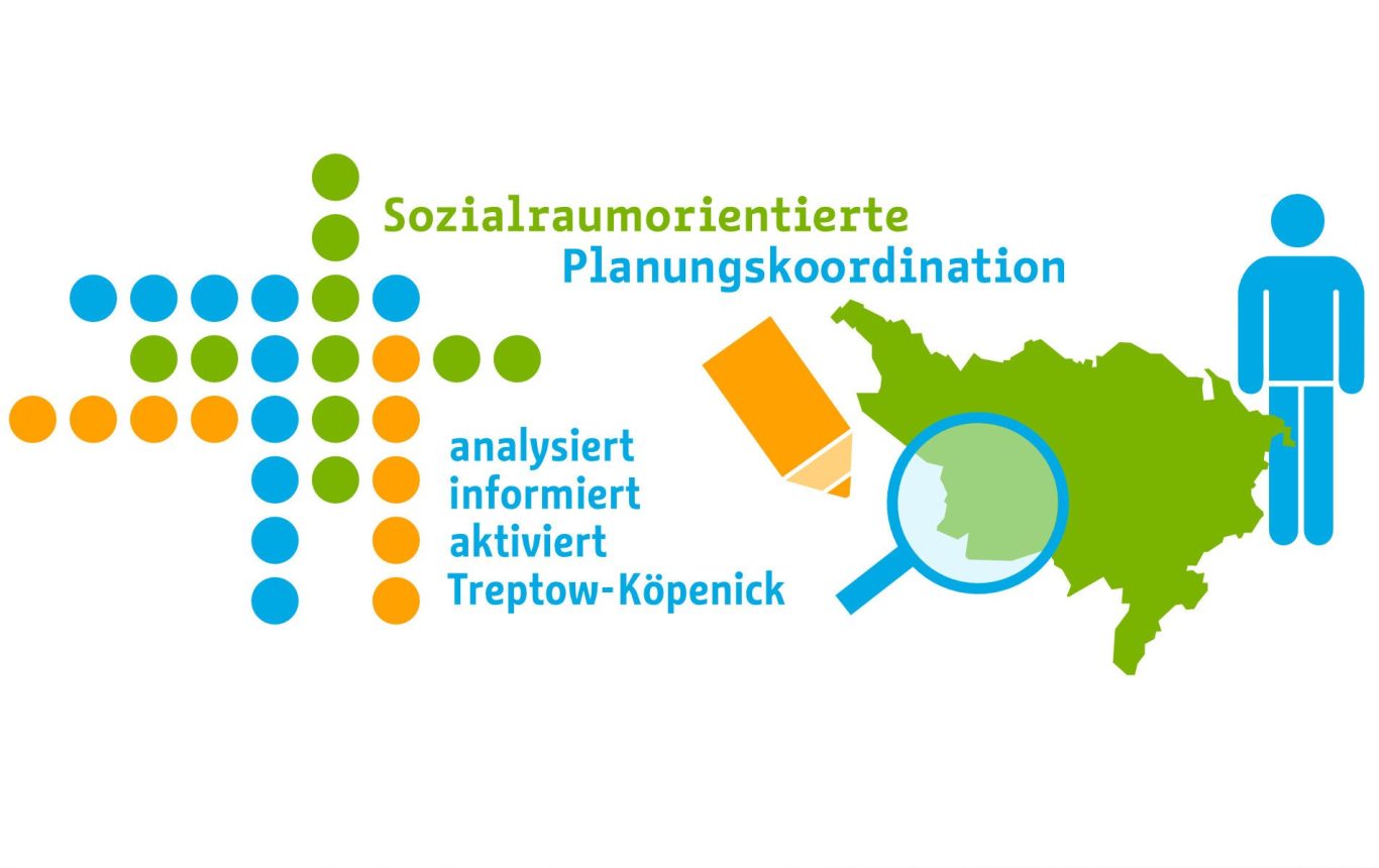 Gestaltung Corporate Design Sozialraumorientierte Planungskoordination Berliner Bezirke Logo mit bunten Punkten, Stift, Lupe, Karte und Text zur sozialraumorientierten Planung