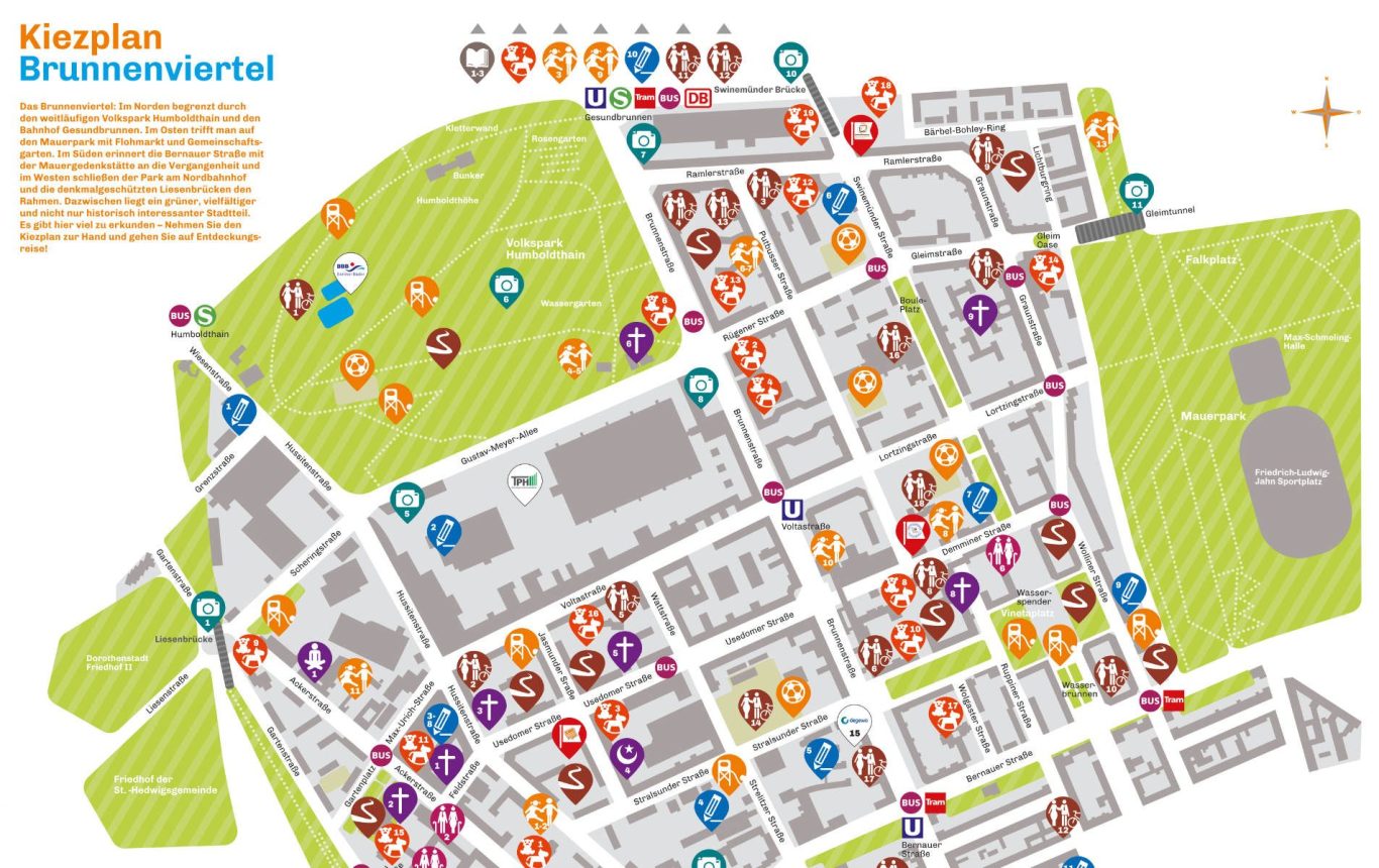 Faltplangestaltung und Iconentwicklung Quartiersbüro Brunnenstraße Berlin Wedding Faltplan mit bunt markierten Standorten im Stadtteil Berlin Wedding